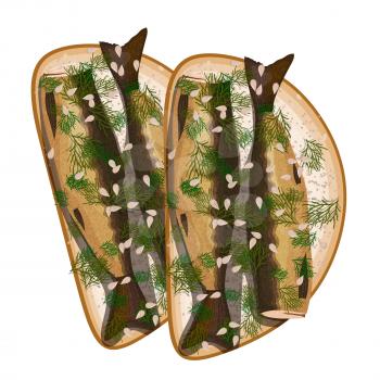 Sandwich with sprats and dill on a white background. Fast food. Vector illustration