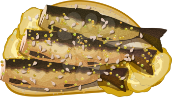 Appetizing sandwich with sprats, pickles, sesame on a white background. Vector illustration of a snack with fish and sesame seeds.