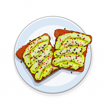 Beautifully plated avocado toast.  Sandwich with avocado paste and spices  and black sesame . Vector illustration healthy food.