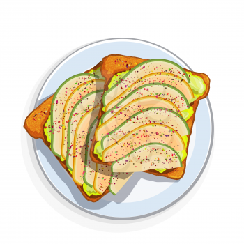 Avocado sandwich Slices of fresh bread with avocado slices, seeds and spices. Vector illustration of healthy vegetarian food on white background