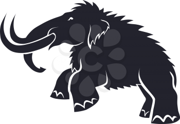 Black silhouettes of mammoths on a white background. Prehistoric animals of the ice age in various poses. Elements of nature and evolutionary development. Vector illustration
