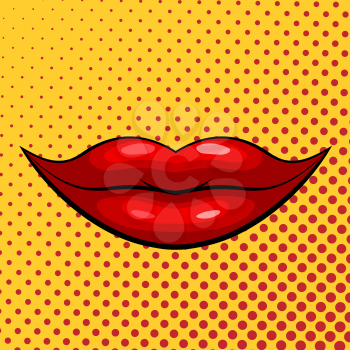 Red female lips on a yellow background in pop art style. Vector stock illustration. Emotion of joy, laughter, good mood