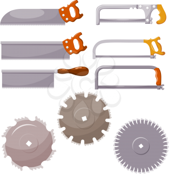 Set of metal saws on a white background. Vector illustration of hand and circular saws. Hacksaws for woodworking