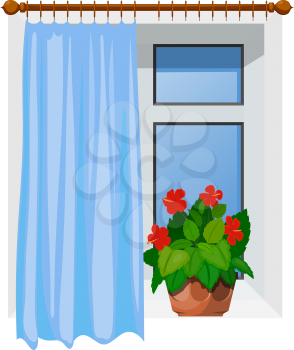 Color image Cartoon style windows with curtains on a white background. Vector illustration of a window with a hibiscus flower