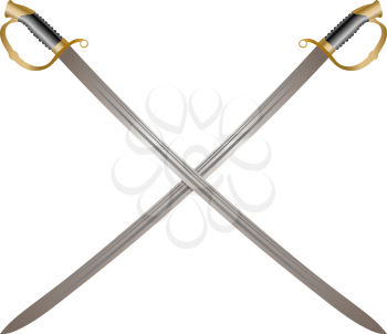 Color image of two crossed vintage sabers on a white background. Vector illustration of retro swords