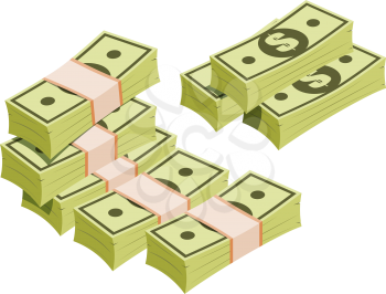 Packs of dollars in isometric style on a white background. Money signs. The symbol of wealth and wealth. Vector illustration