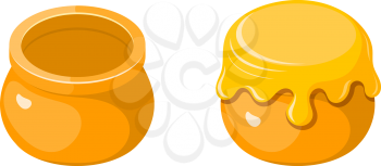 Pot of honey in the style of a kartun on a white background. Vector illustration of honey in earthenware isolated object