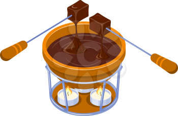 Isometric Vector Chocolate Fondue with a candle on a white background. Capacity, two forks, two pieces of bread and chocolate. Vector illustration