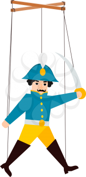  Color image of a puppet doll on a white background. Puppet soldier with ropes. Vector illustration