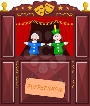 Bright a puppet theater on a white background. Vector illustration of a puppet theater with open scenes and dolls. Cartoon style. Stock vector