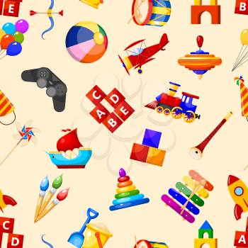 Bright seamless texture with children's toys in Cartoon style. Vector illustration