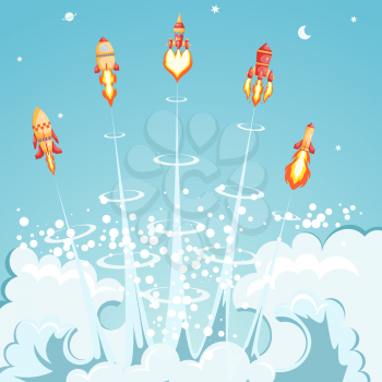 Five launching cartoon space rockets on retro background. Space vintage transport with flame and smoke. Collection of red rockets. Set of vector illustration