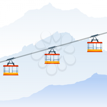 Color image of a cable car in the mountains. Three bright cabin cable car in Cartoon style on nature background. Vector illustration