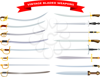 Set of cartoon style edged weapons on white background collection of sabers isolated object vector illustration