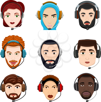 Color illustration of a call center people work in a team. customer service sign. Set of cartoon style vector drawings of avatar of men and woman of different nationalities with headset