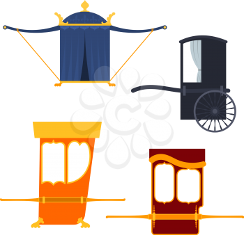 Set of palanquin in a flat style on a white background. Objects of antiquity. Retro transport. Vintage items isolated. Vector illustration