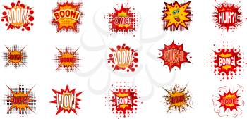 Comic collection of colored sound effects. Set comic bubble speech word comic cartoon expression illustration. Lettering phrase. Comics book background template. Vector illustration