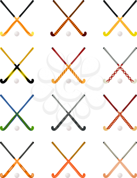 Set of crossed hockey sticks on grass on a white background. Sports equipment for the game. Beautiful sticks. Vector illustration