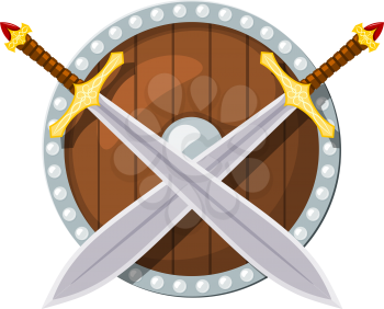 Color image of a round shield and two battle sword on a white background. Viking weaponry in Cartoon style. Vector illustration