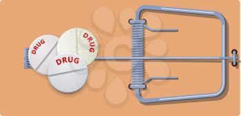 Flat wooden mousetrap with drugs pills. Concept of drug addiction and the danger of drug use. Vector illustration