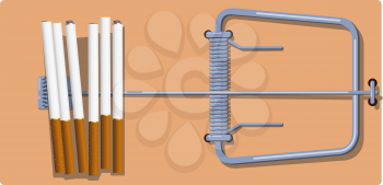Flat wooden mousetrap with cigarettes. The concept of dependence and the dangers of cigarette and tobacco use. Vector illustration