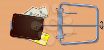 A flat wooden mousetrap with a leather purse and money notes. The concept of dependence and the danger of profit, theft and adventure. Vector illustration