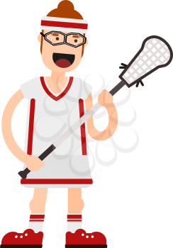 Flat color image of a player in lacrosse with a stick on a white background. Vector illustration