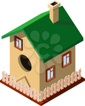 Cute birdhouse with elements of the house on a white background. Birdhouse with windows, fence, chimney and roof. Vector illustration