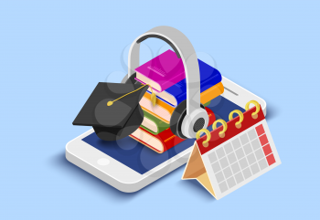 Abstract concept illustration of a smart phone with books, head phones,  calendar and a student cap. Remote learning. E-learning. Vector illustration