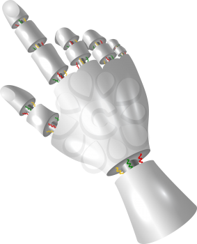Vector illustration of a mechanical palm on a white background. Robot hand with pointing finger, isolated object. Future technology concept.