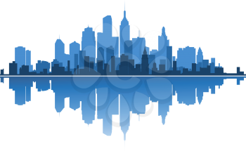 Royalty Free Clipart Image of a Cityscape with a Water Reflection