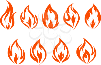 Fire flames set isolated on white background. Vector illustration