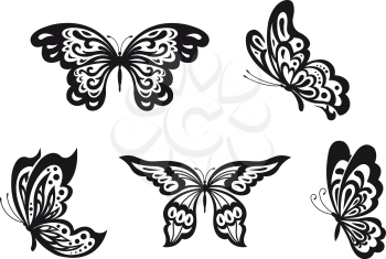 Set of black butterfly isolated on white. Vector illustration