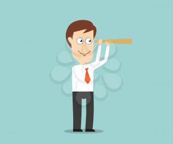 Smiling businessman with spyglass looking for future trends and business opportunities to change strategy. Cartoon flat style