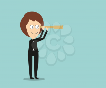 Confident business woman looking for ways to achieve goal through a vintage spyglass. Cartoon flat style