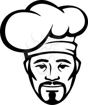 Smiling hispanic chef with beard and sidewhiskers in traditional uniform hat monochrome portrait