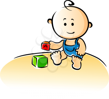 Cute cartoon baby sitting on the floor playing with building blocks, vector illustration on white in RGB classic color