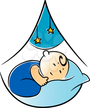 Little baby boy fast asleep in its cot wrapped in blue on a comfy pillow with dangling stars, vector illustration