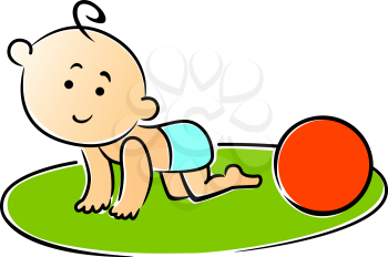Little baby crawling on hands and knees playing with a red ball on the grass, cartoon vector illustration