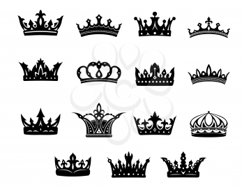 Set of fifteen different black and white vector royal crowns for use in heraldry and decorative design elements for classical antiquity