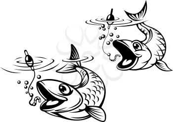 Cute fish about to be caught on a fishing line swimming towards the baited hook and worm with its mouth open in anticipation, black and white vector illustration in two variations