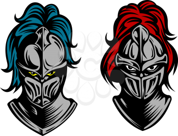 Heads of two fierce men in medieval armour with their eyes glinting behind metal visors and plumes of feathers on the helmets, vector illustration on white