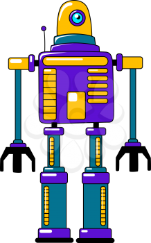 Colorful toy robot in vintage style with a stocky square body , antenna, and single eye in purple, blue and orange, vector illustration on white