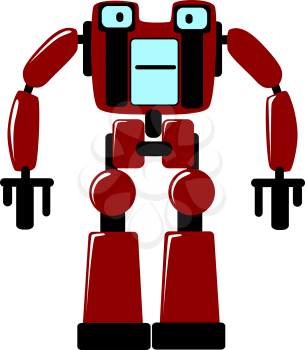 Strong futuristic toy robot with a square body and stocky limbs standing facing the viewer, vector clipart illustration on white