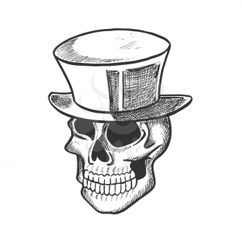 Skull in vintage top hat sketch for Halloween holiday celebration design. Skeleton head of dead human, evil monster and horror zombie wearing hat for tattoo design