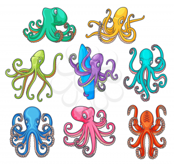 Octopus with curved tentacles, vector ocean or sea cartoon monsters. Cute marine animals with colorful arms and suckers holding surfboard, underwater wildlife
