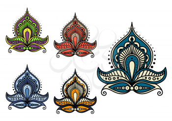Indian paisley flower vector icons with ethnic floral pattern and arabesque ornaments. Blue, purple, yellow and red persian lace flourishes with curved leaves, petals and swirls, Arabic textile design
