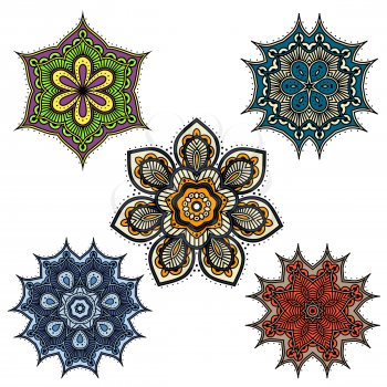 Round floral ornaments with Indian paisley pattern vector design of mandala flowers. Arabic lace flourishes with Persian ethnic mosaic motifs, geometric ornaments of green, blue, red and orange lines