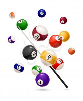 Billiard balls and cue realistic design of sport game. Vector snooker or pool billiard equipment of colorful balls with numbers and wooden cue stick, competition, leisure activity and gambling game
