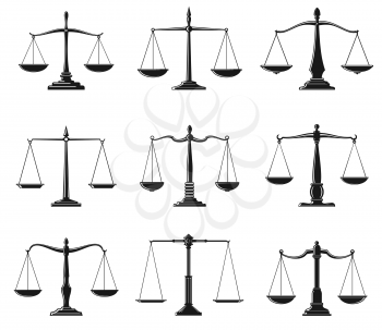 Scales of justice symbols of law balance vector design. Isolated icons of Lady Justice equal balance scales, weight measure instrument of law and order and legal protection themes